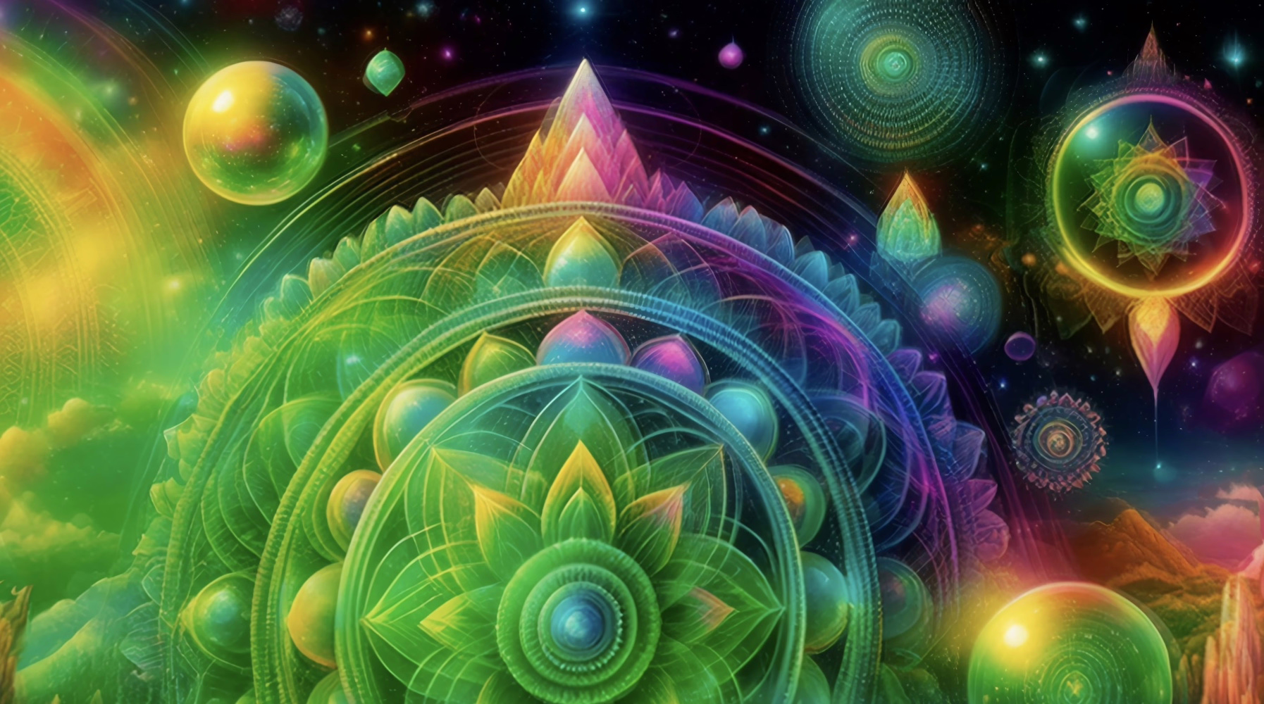 Close-up of a green lotus mandala dome with orbiting spheres and intricate sacred geometry against a black cosmos.